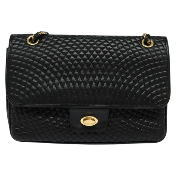 BALLY Quilted Chain Shoulder Bag Leather Black Gold Auth kk478 - Picture 2 of 16